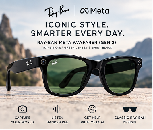 Ray-Ban Meta - Wayfarer (Gen 2) glasses with Meta AI, Audio, Photo, Video Compatability - Transitions Green lenses - Shiny Black