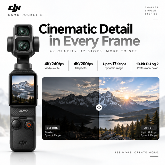 DJI Osmo Pocket 4P Vlog Combo – 4K Dual-Lens Gimbal Camera with DJI Mic Mini 2, Fill Light & Wide-Angle Lens