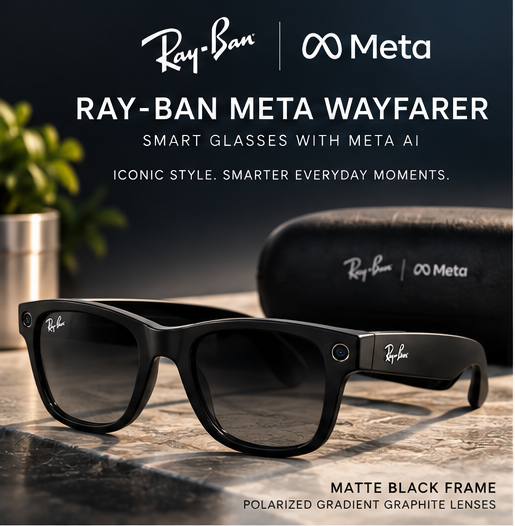 Ray-Ban Meta Wayfarer Smart Glasses with Meta AI (Matte Black, Polarized Gradient Graphite Lenses)
