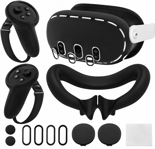 Meta Quest 3S Silicon Cover Protection Set Waterproof (6 in 1), Headset Shell Cover, Touch Controller Grips Cover, Lens Protector and Joysticks Cover (Black)