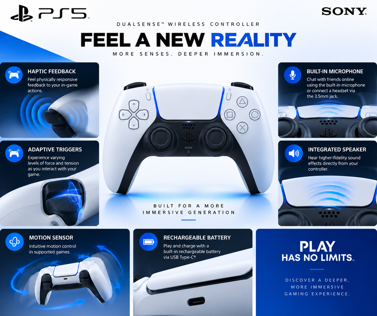 Sony DualSense controller features including haptic feedback and adaptive triggers