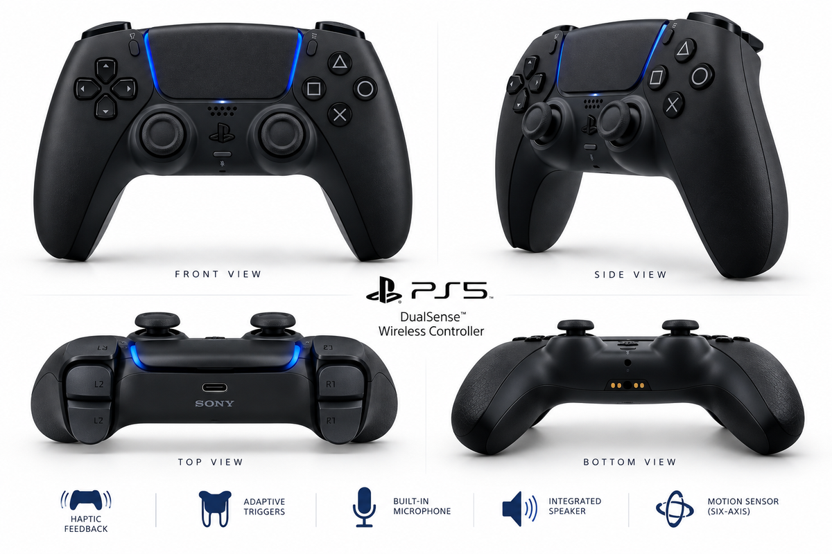 Sony DualSense black PS5 controller showing front, side, top and bottom views with key features