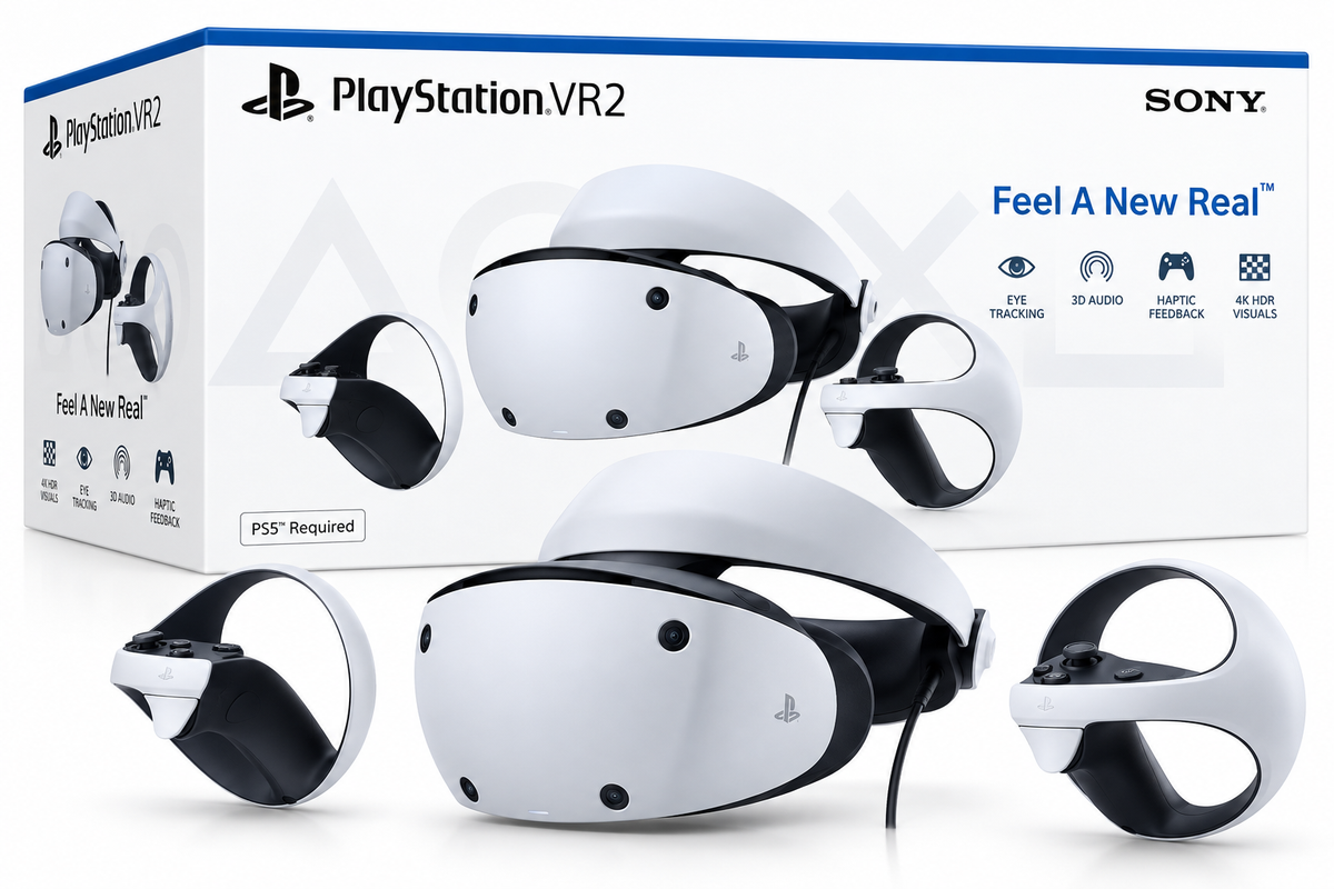 Sony PlayStation VR2 virtual reality headset with Sense controllers and retail box